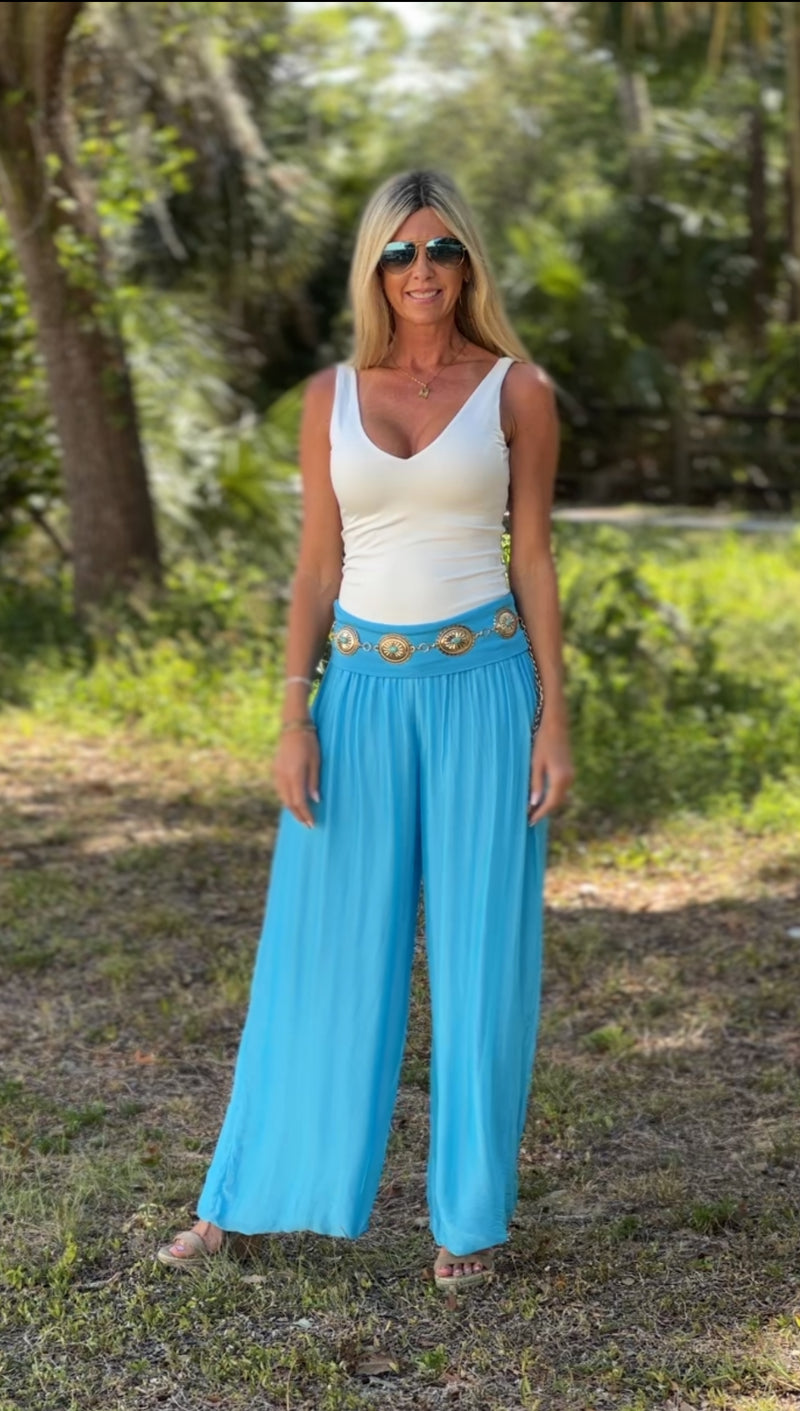 Amalfi Silk Pants-Turquoise