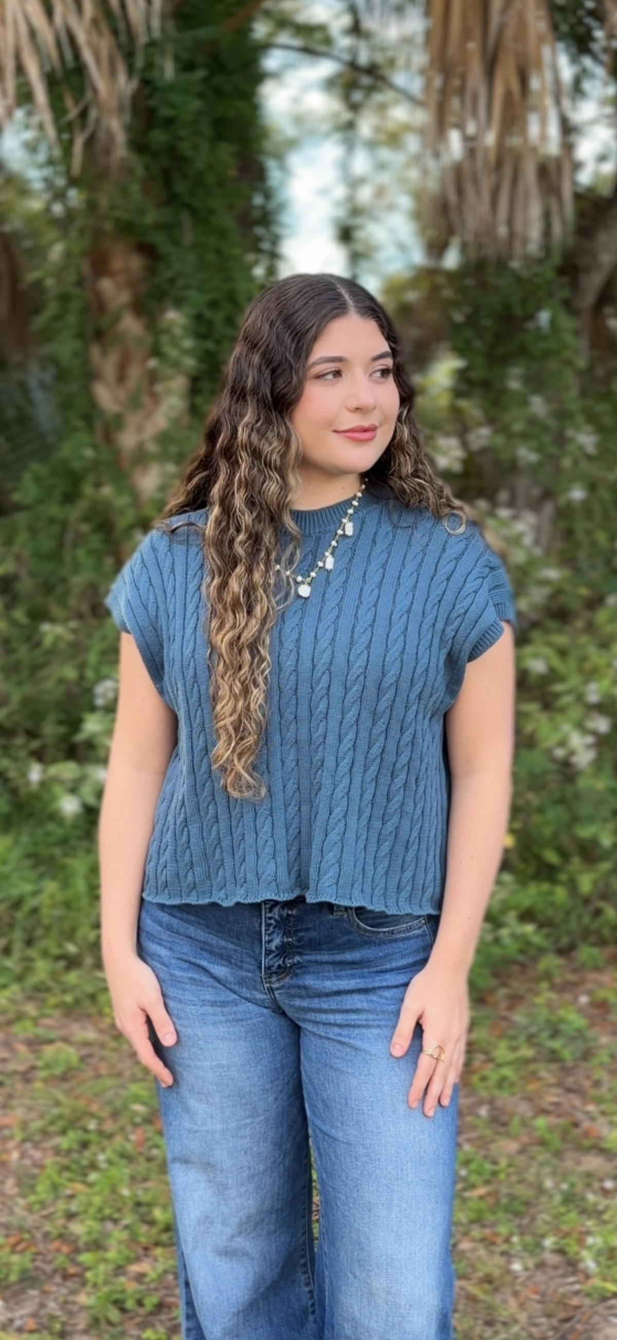 Megan Cable Knit Top- Teal/Ivory