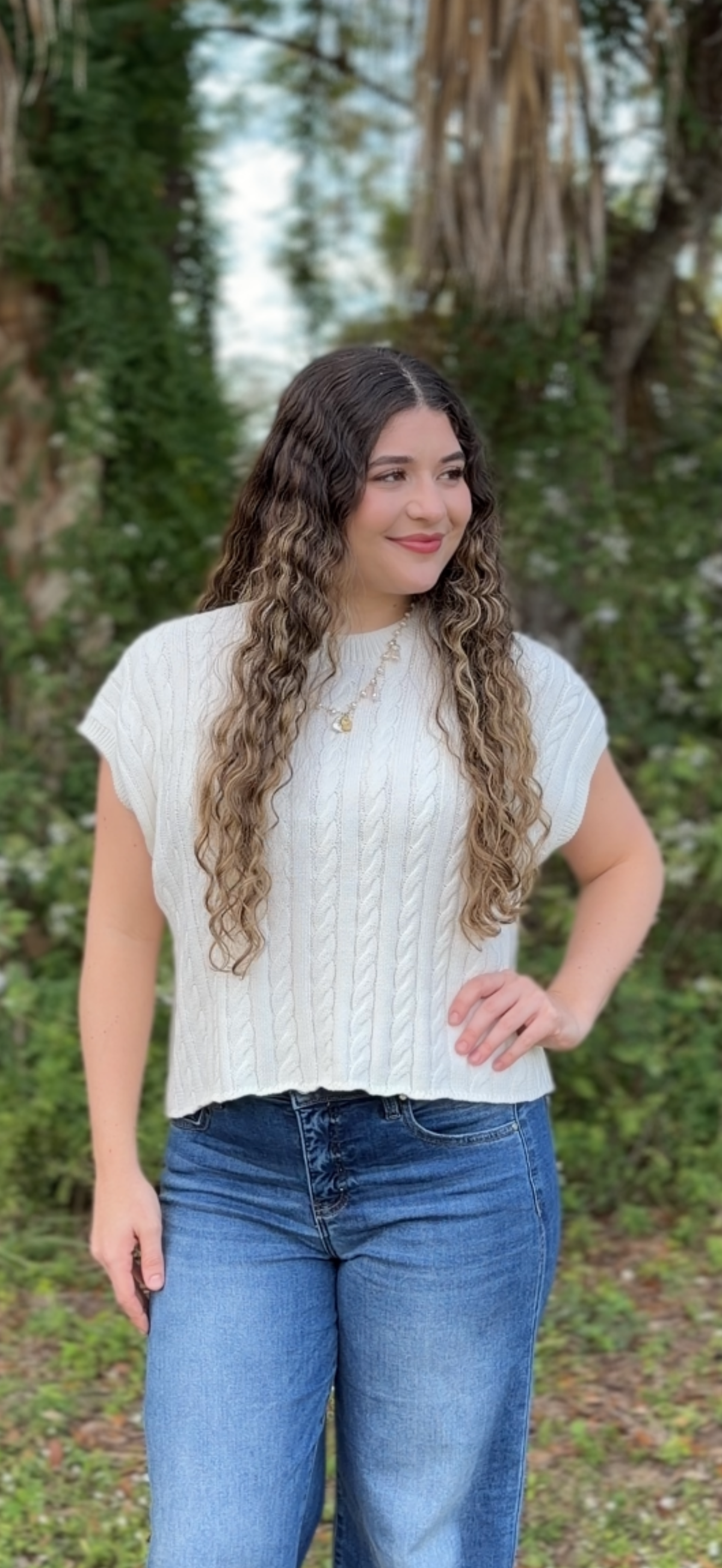 Megan Cable Knit Top- Teal/Ivory