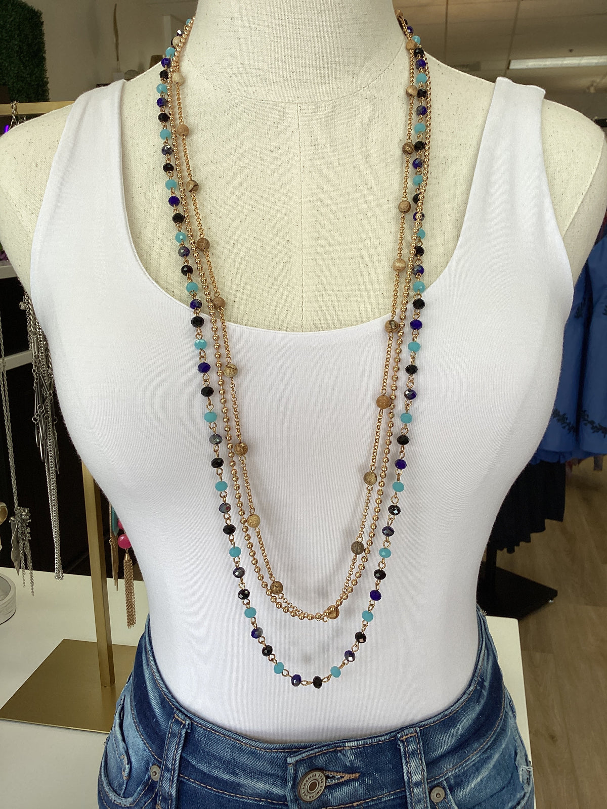Blue/Black Gem Gold Layered - Necklace