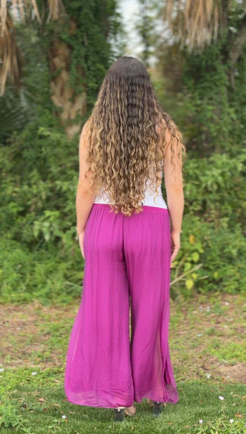 Mira Silk Pants-Magenta/Black