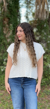 Megan Cable Knit Top- Teal/Ivory
