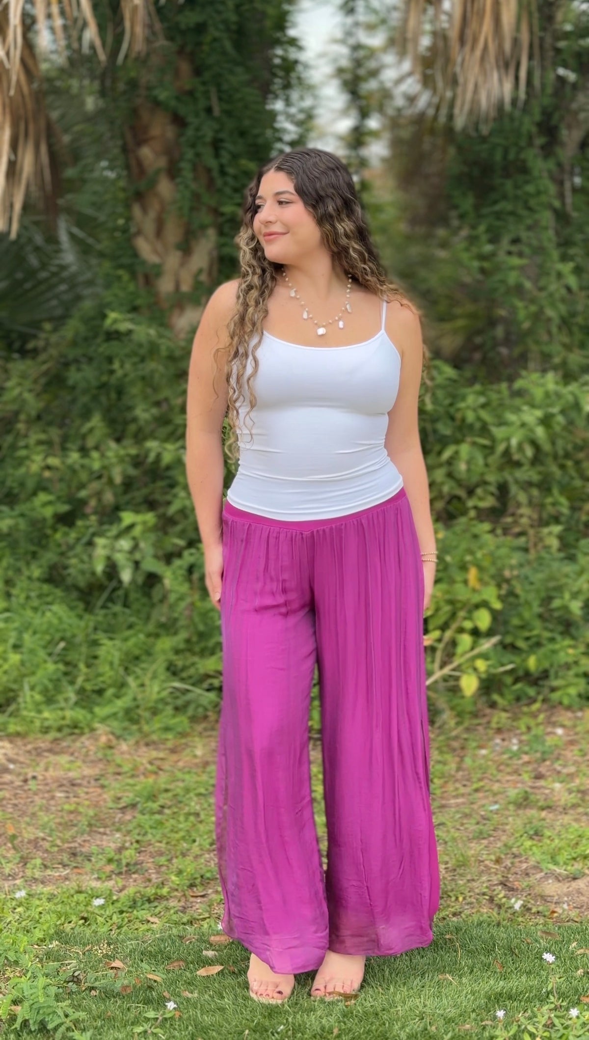 Mira Silk Pants-Magenta/Black
