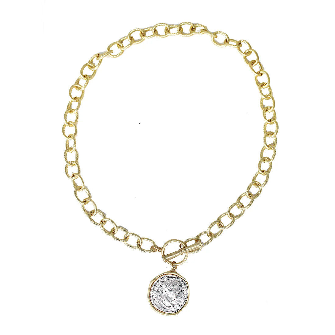 Gold Chain Necklace with Hammered CoinGold/Silver
