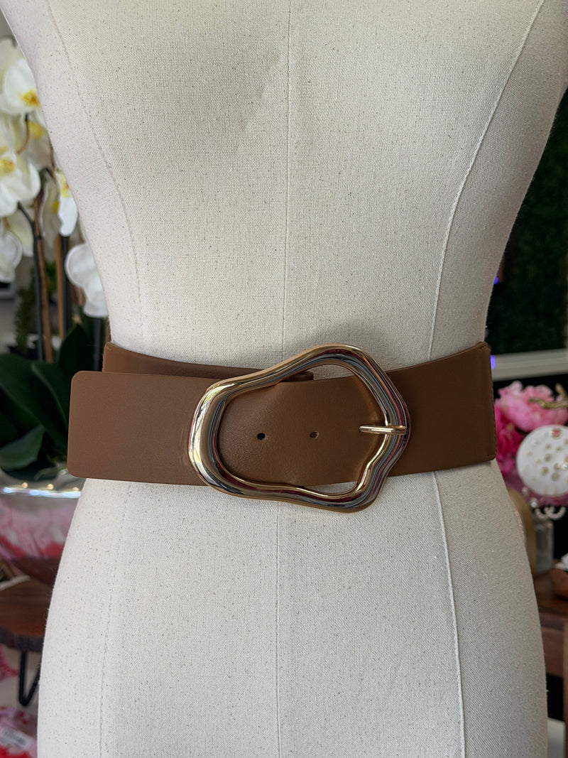 Gold Buckle Belt- White/Brown