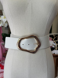 Gold Buckle Belt- White/Brown
